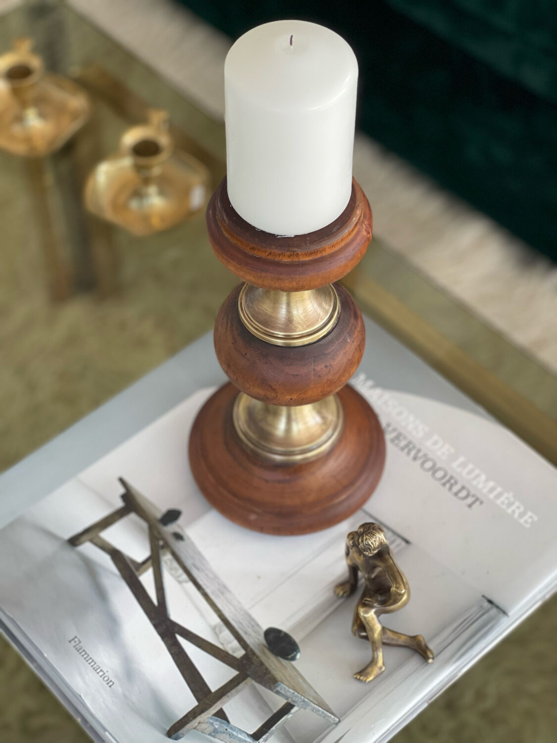 Wood and brass candle holder 1970