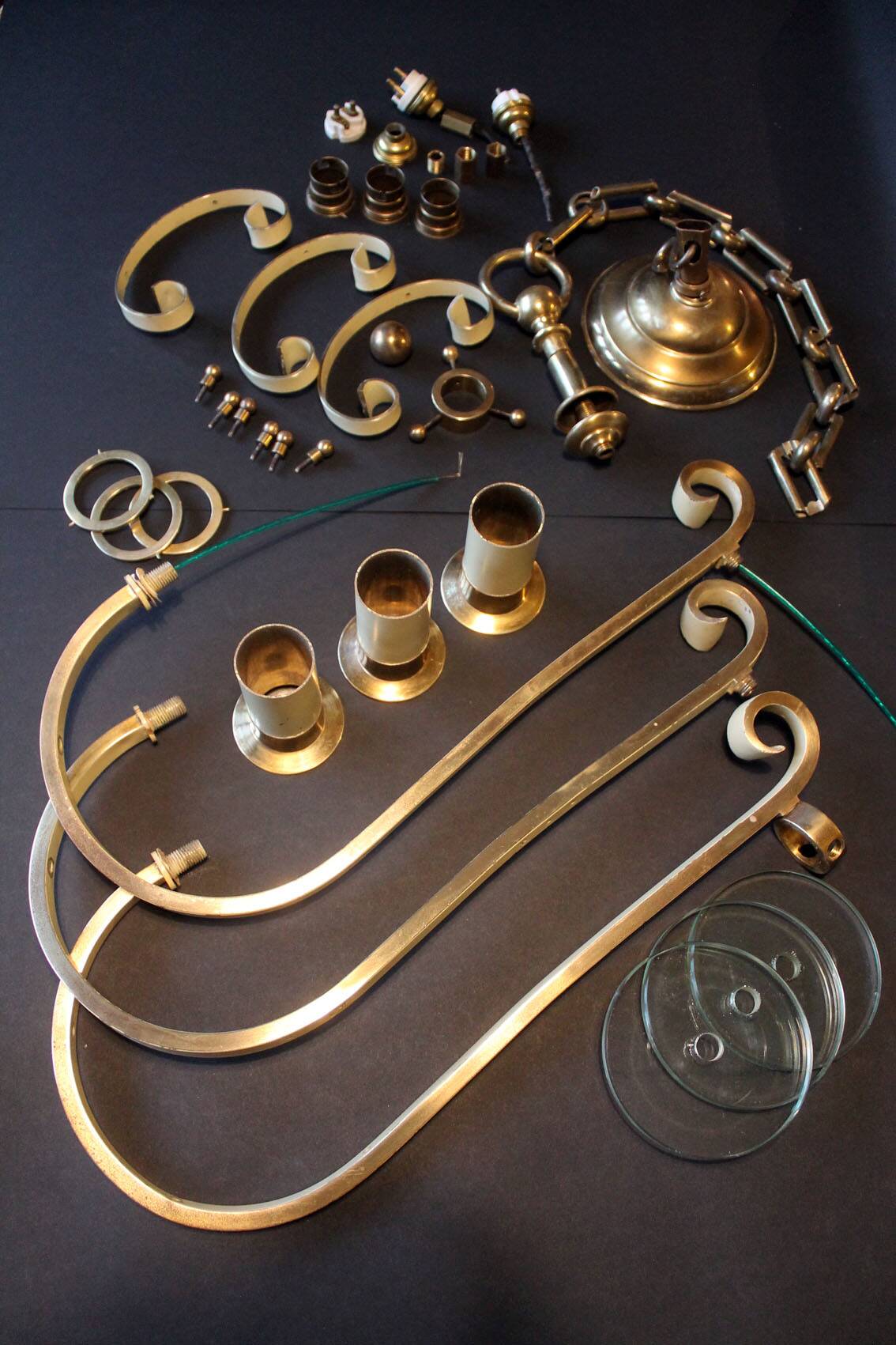 Art Deco three-light chandelier in brass and glass, 1930s