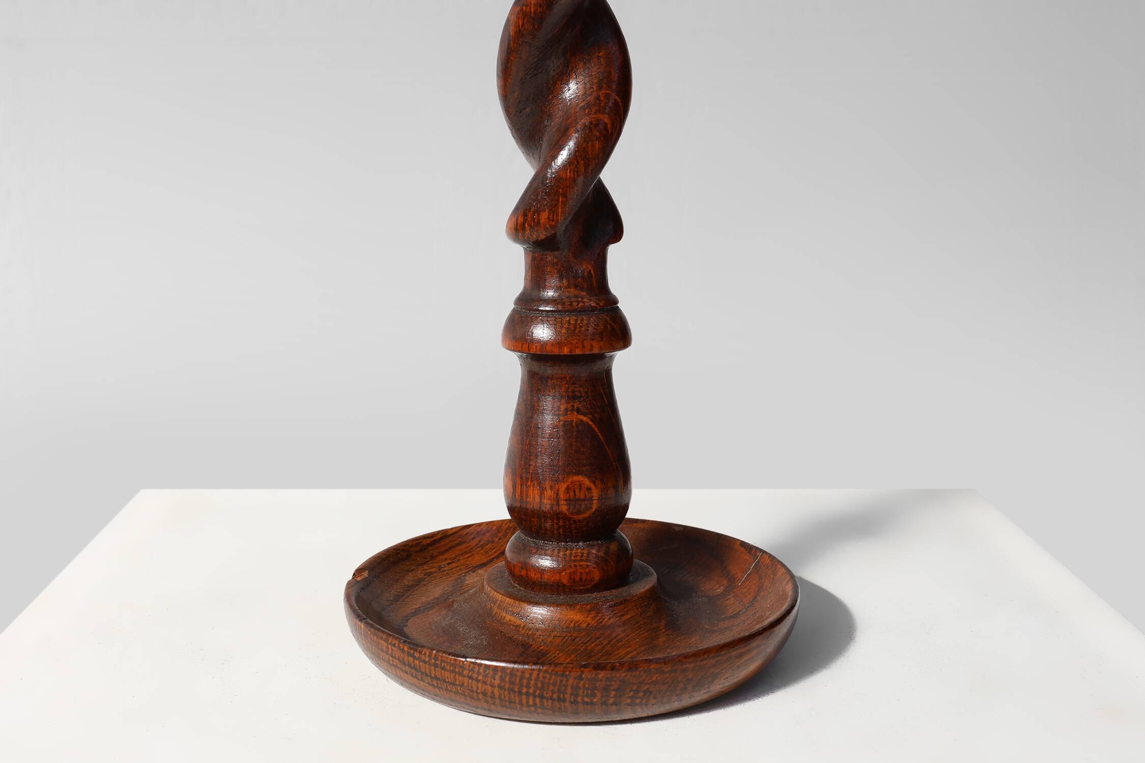 Pair of French Barley Twist candlesticks in wood with silver-plated bobeche