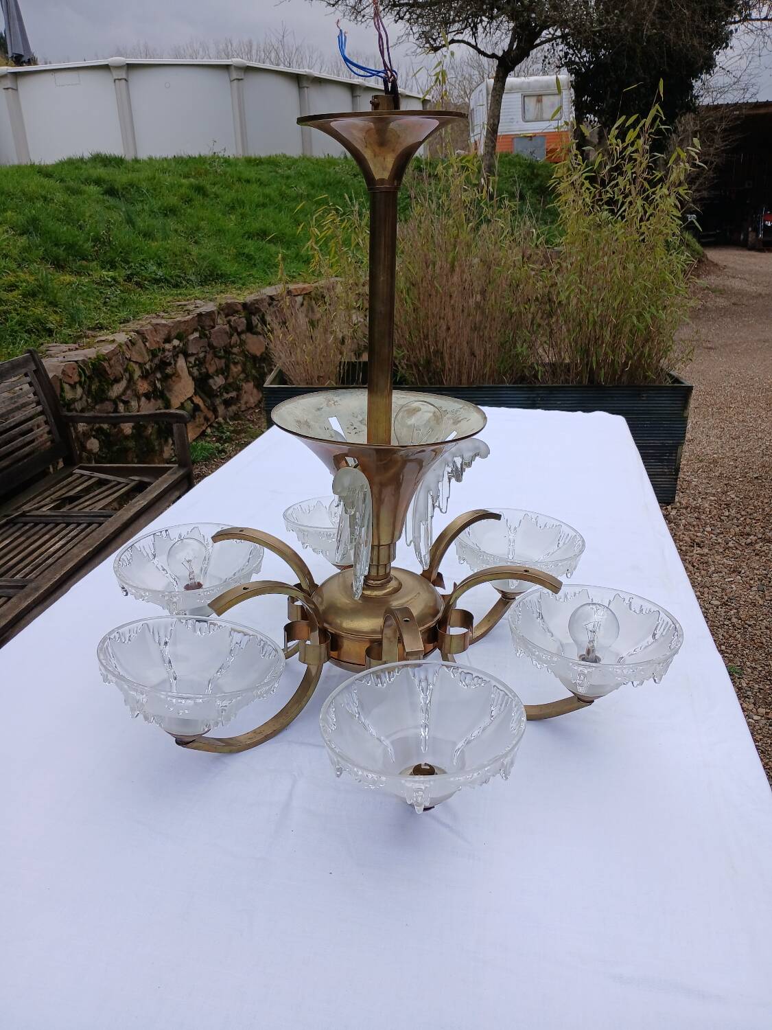 Antique Art Deco brass and glass chandelier