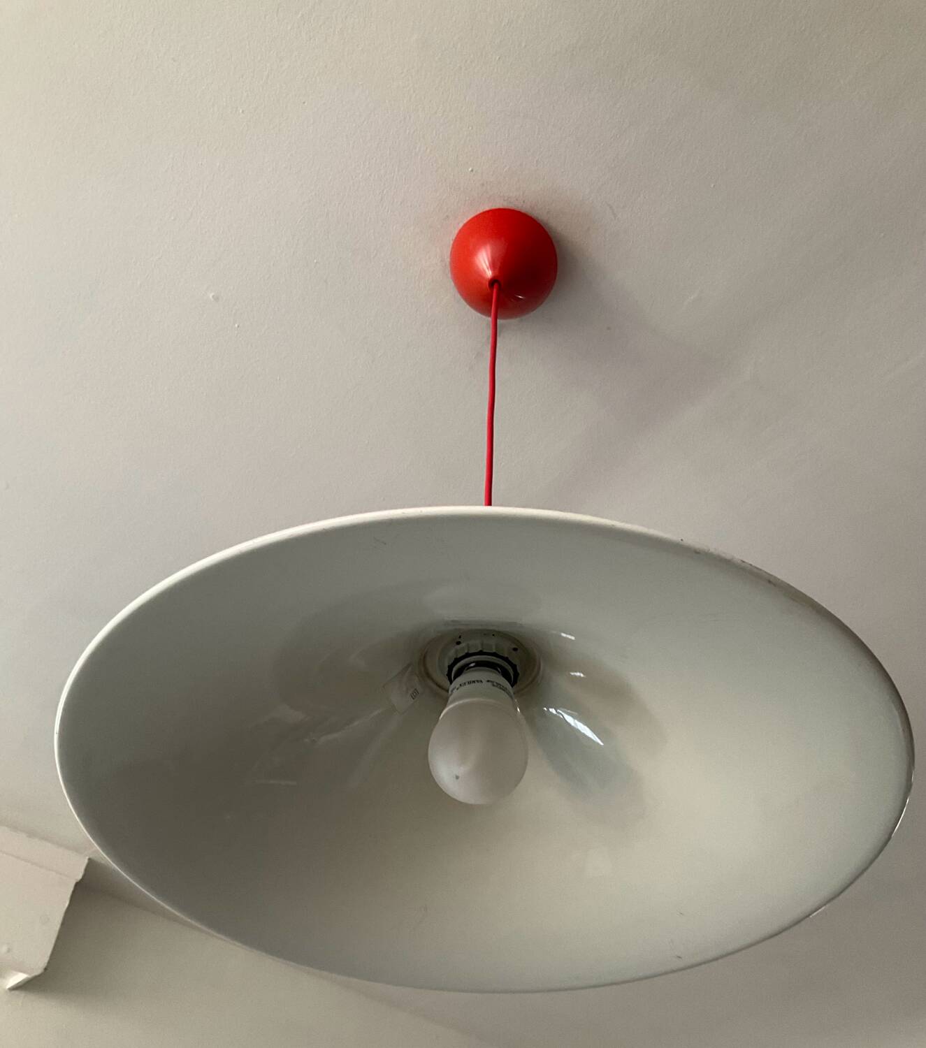 Space Age red metal saucer pendant light from the 70s-80s