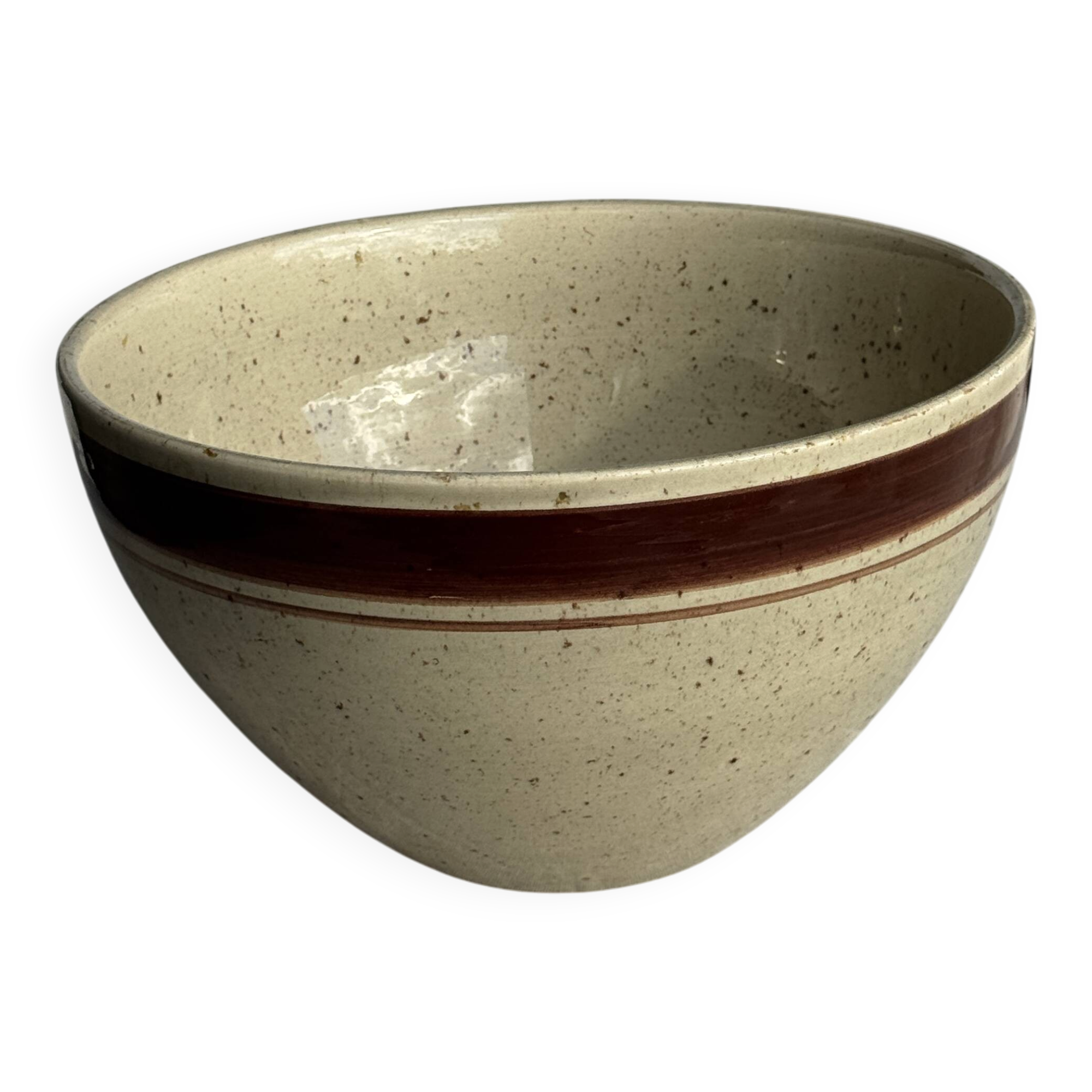 Large speckled beige salad bowl with ochre trim H14 D25