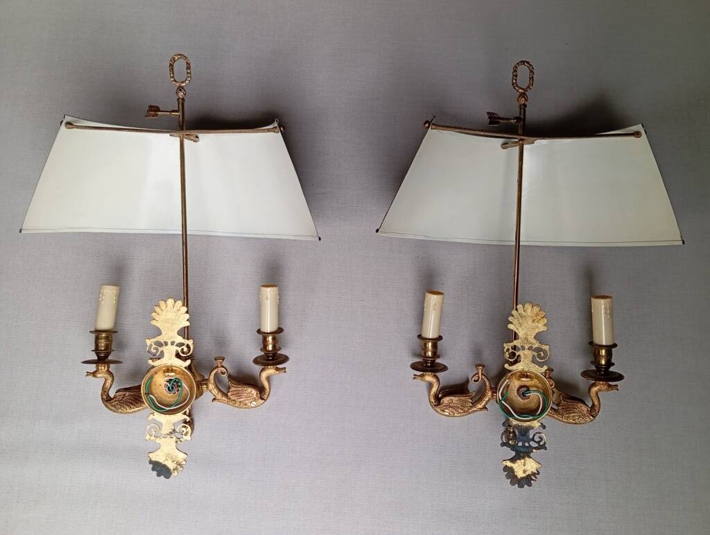 Pair of bronze and sheet metal hot water bottle wall lights