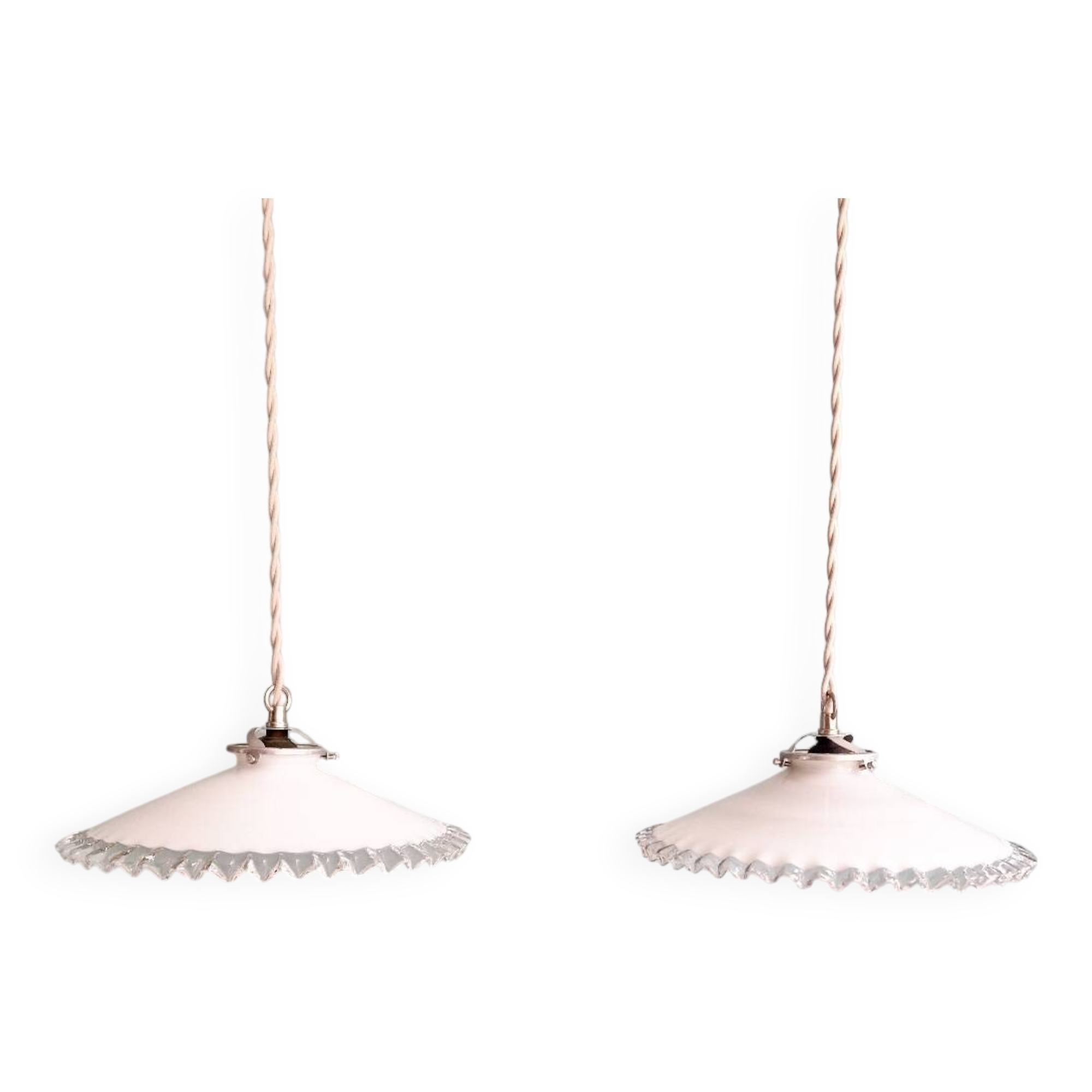 Pair of Art Deco pendant lights in scalloped white opaline, 1920-30
