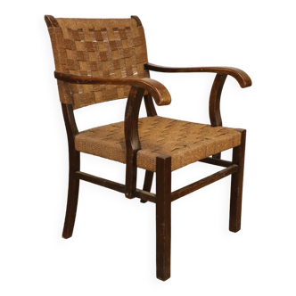 Fauteuil vintage en corde tressée et bois courbé, 1960