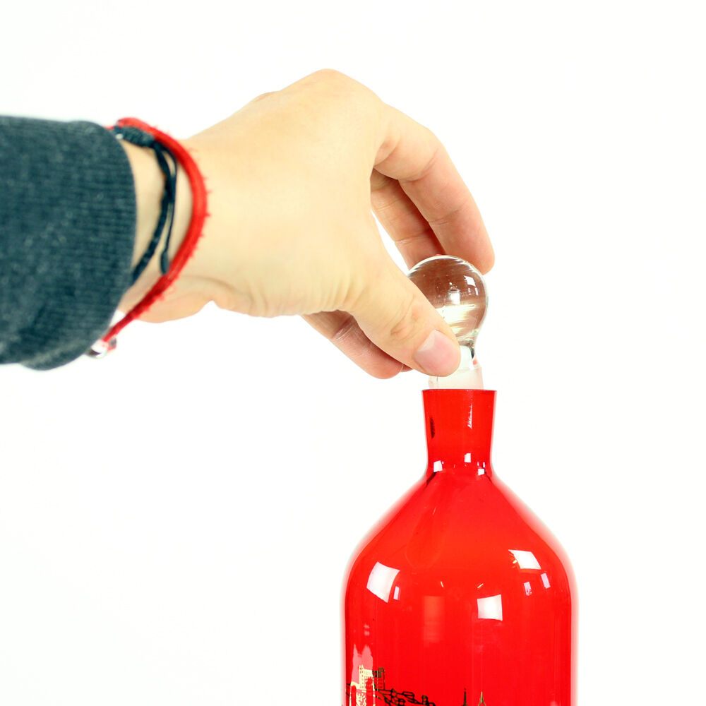 Midcentury alcohol bottle & shots set in red glass, Czechoslovakia circa 1960s