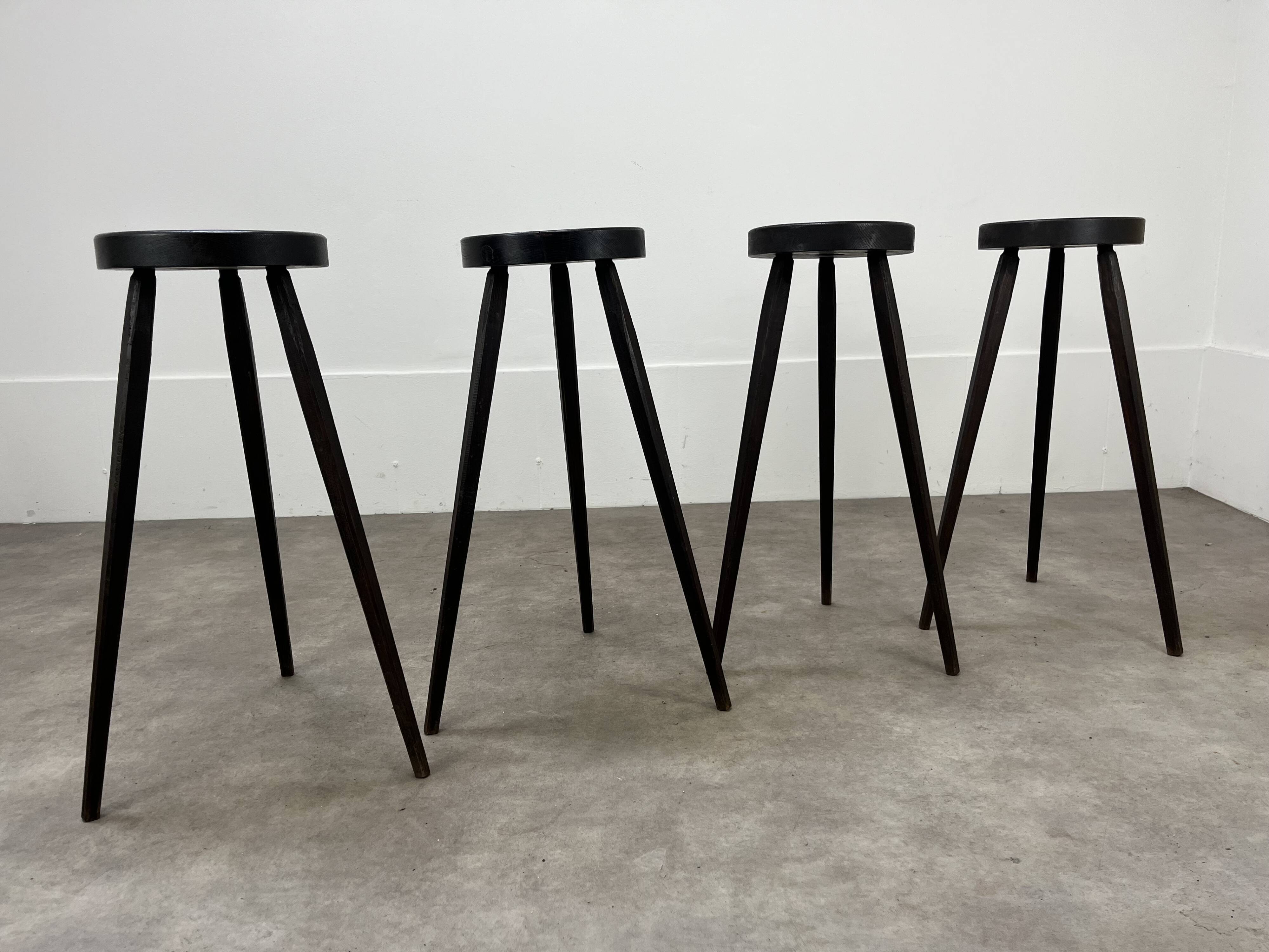 4 brutalist tripod bar stools, solid wood, 1950s