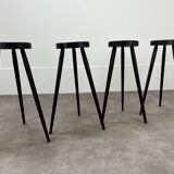 4 brutalist tripod bar stools, solid wood, 1950s