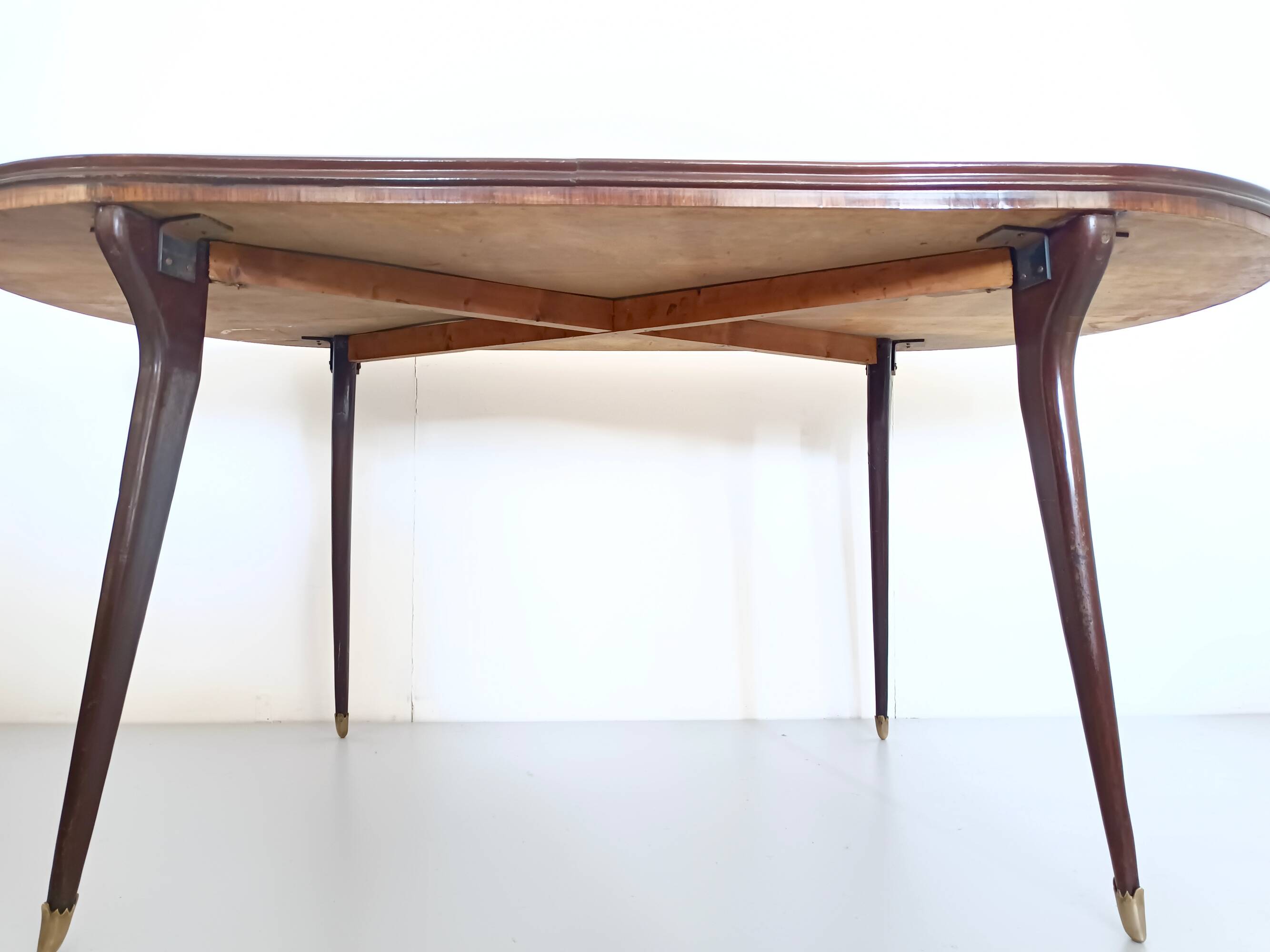 Vintage Beech and Walnut Dining Table with an Oval Gray Glass Top, Italy