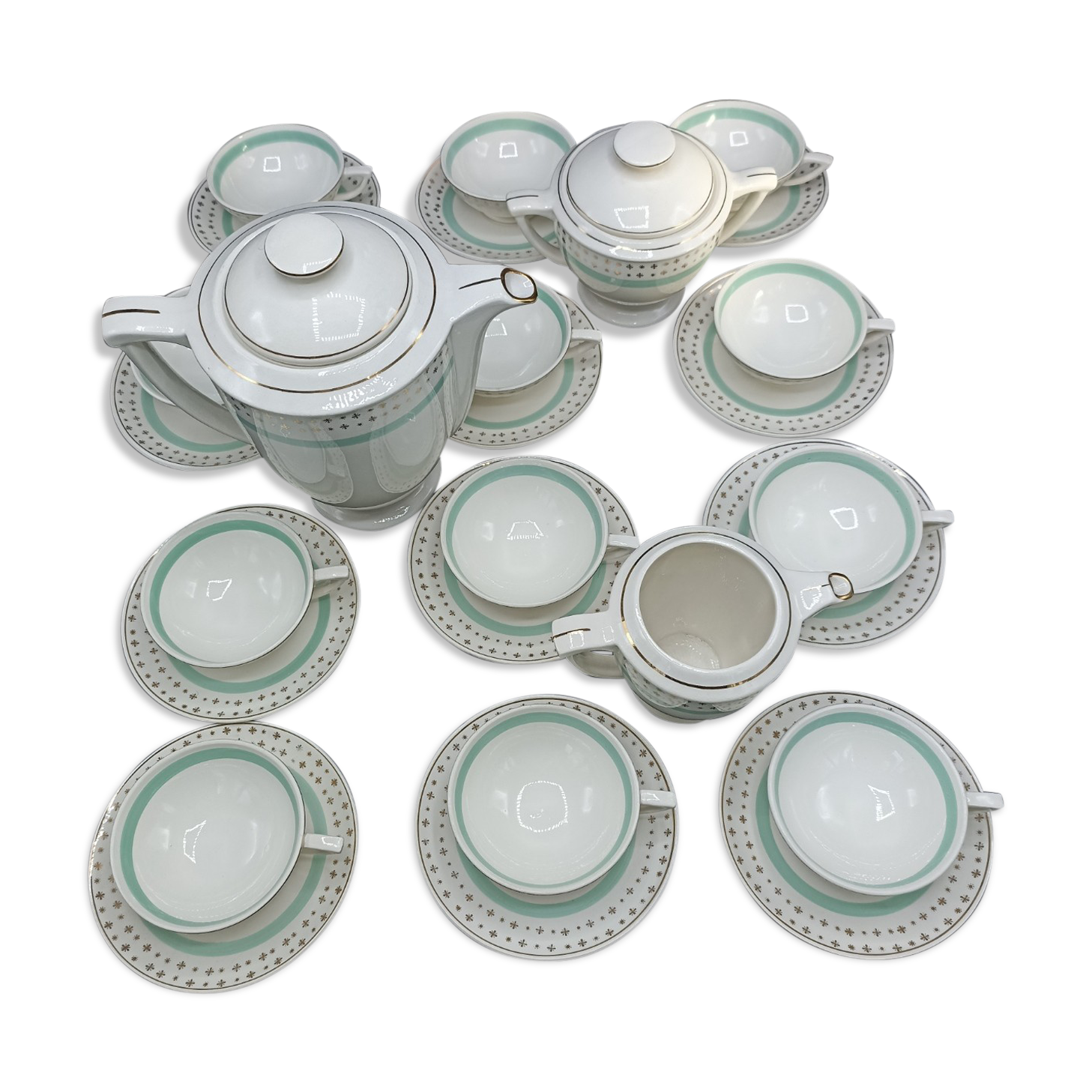 Tea set stars and mint green in semi-porcelain