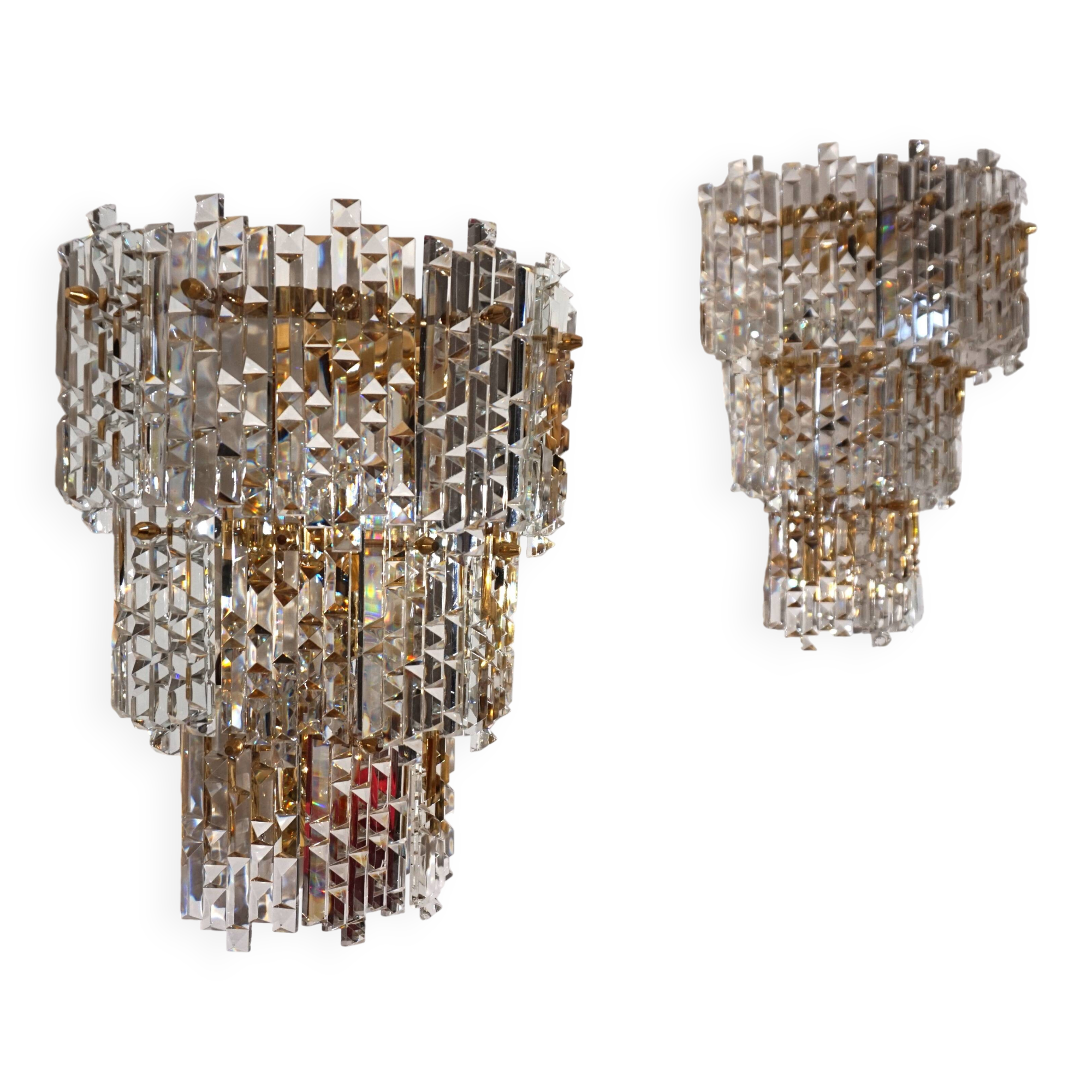 Set of 2 Kinkeldey Hollywood Regency waterfall crystal glass wall lights, 1970