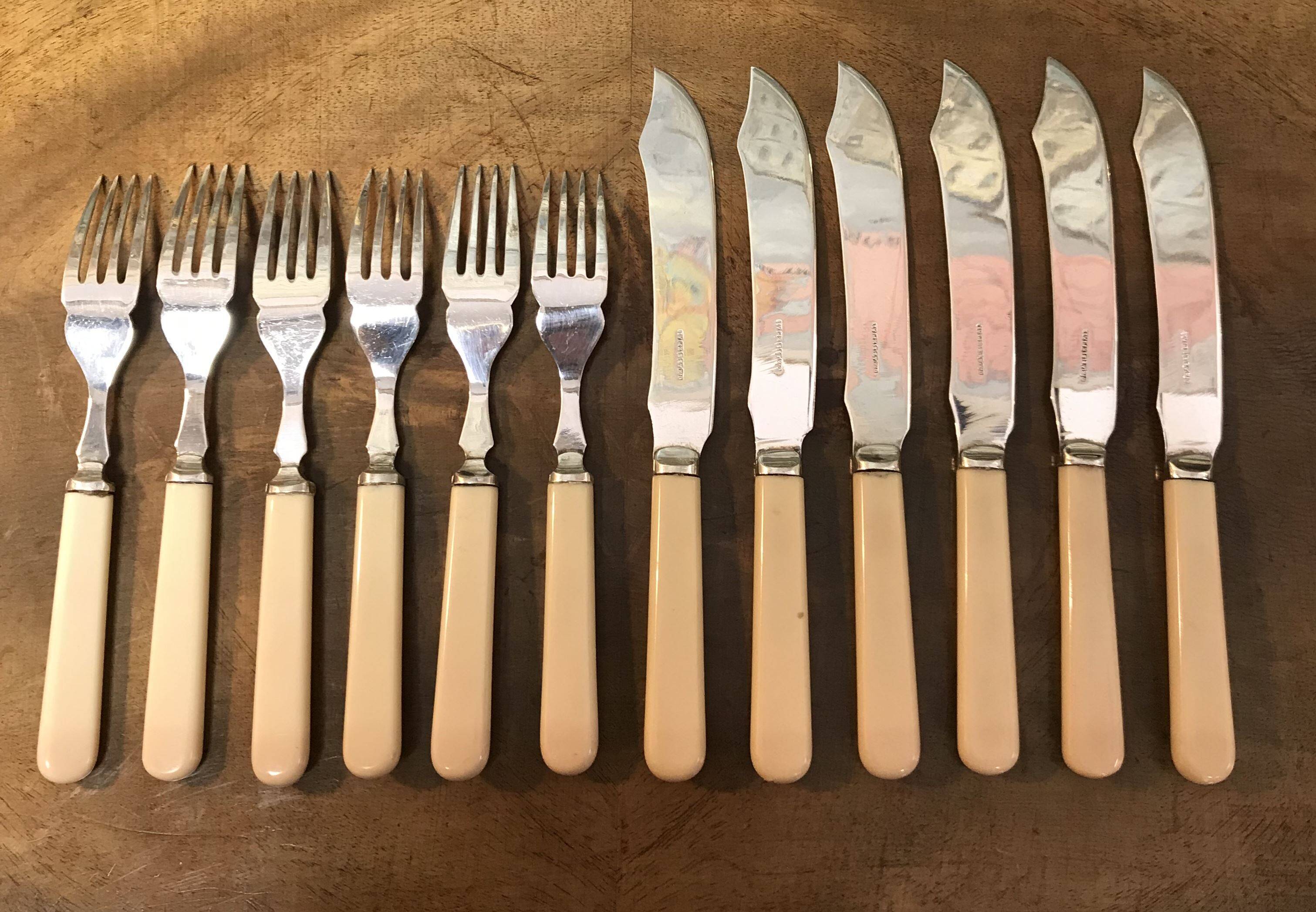 Silver-plated metal fish cutlery set consisting of 6 forks and 6 knives