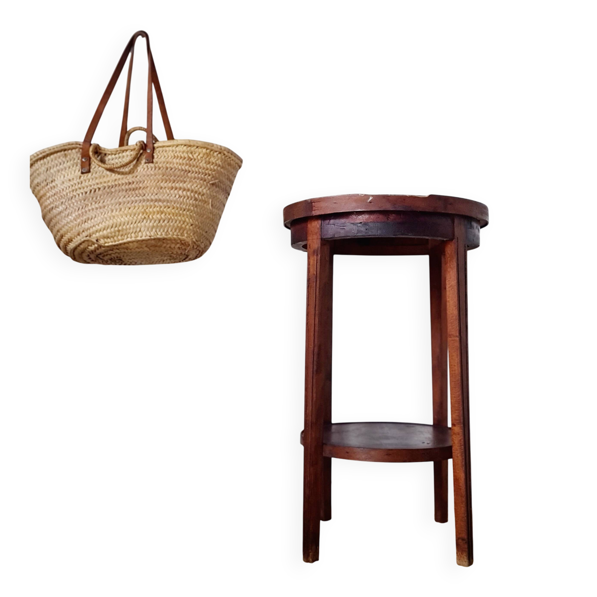 Table ancienne double plateaux ronds, sellette ou porte-plantes