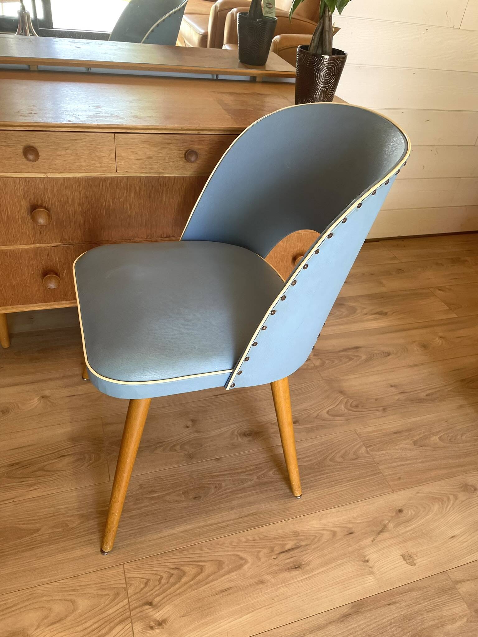 Vintage 1950s Chair Pair – Blue Faux Leather & Compass Legs (Guaric Style)