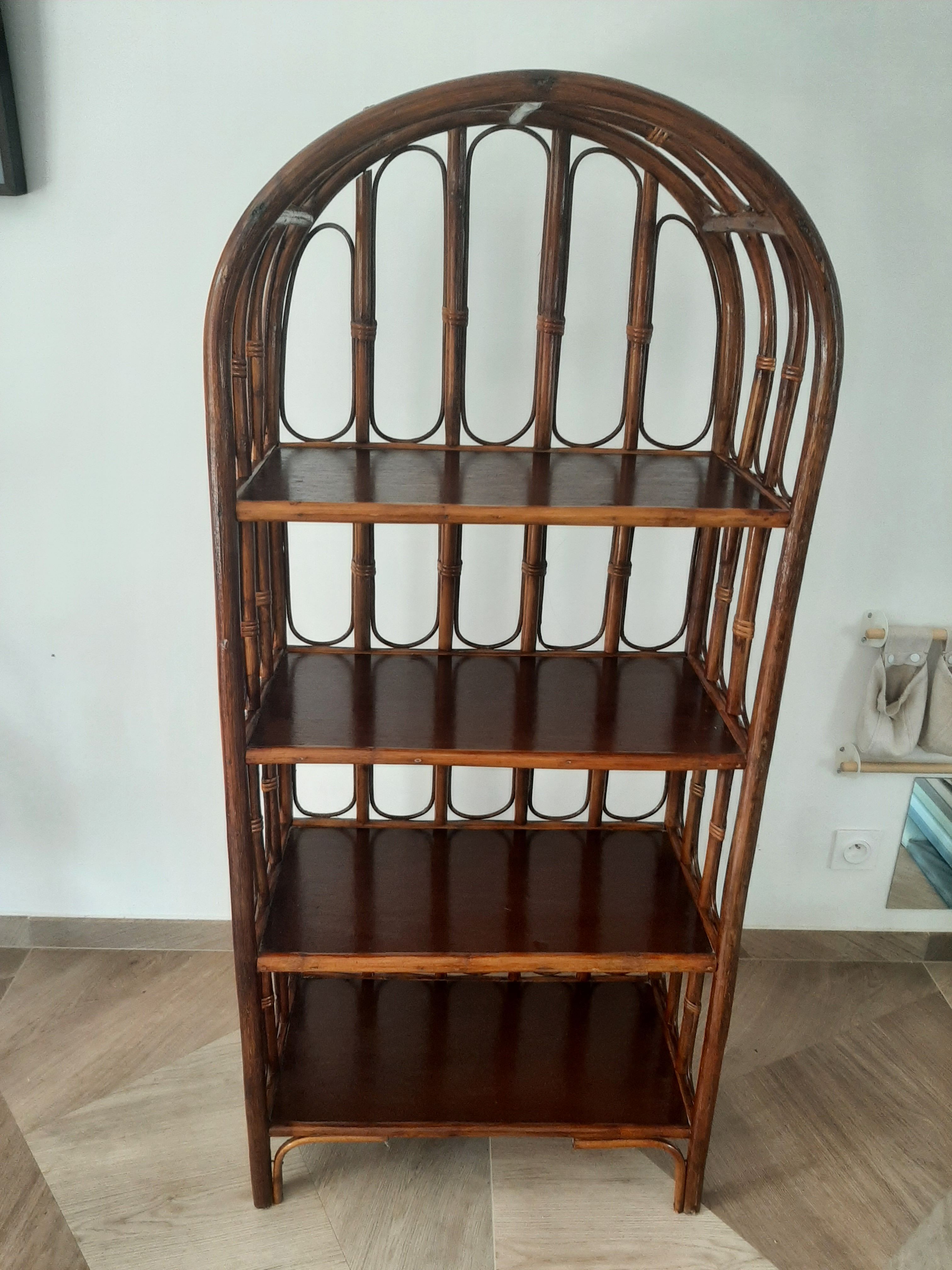 Vintage library 4 levels - wood, bamboo and rattan - retro 80s