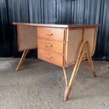 Vintage desk with rattan and solid oak compass legs