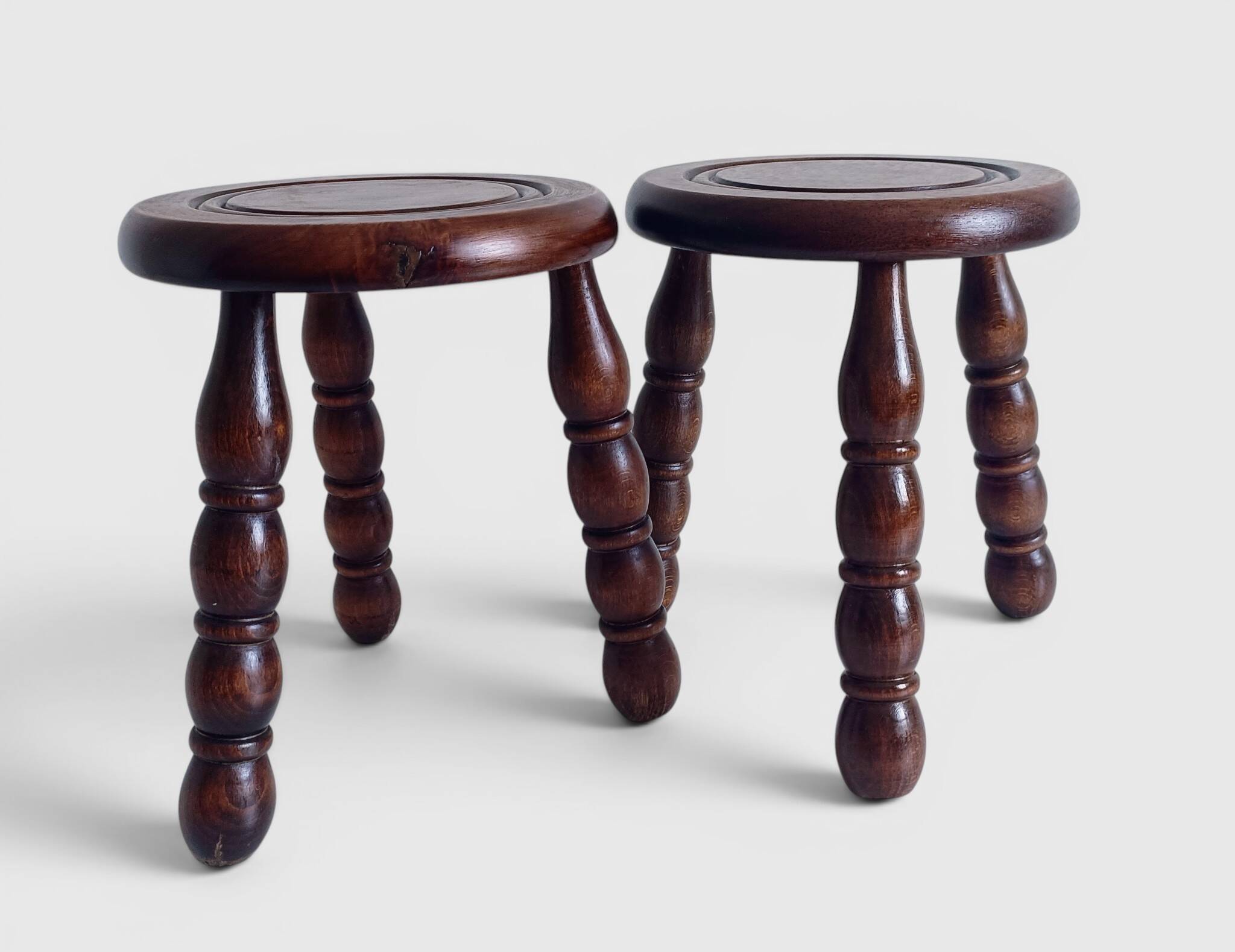 Mid-Century Chestnut Wood Stools Attributed to Charles Dudouyt, 1950s