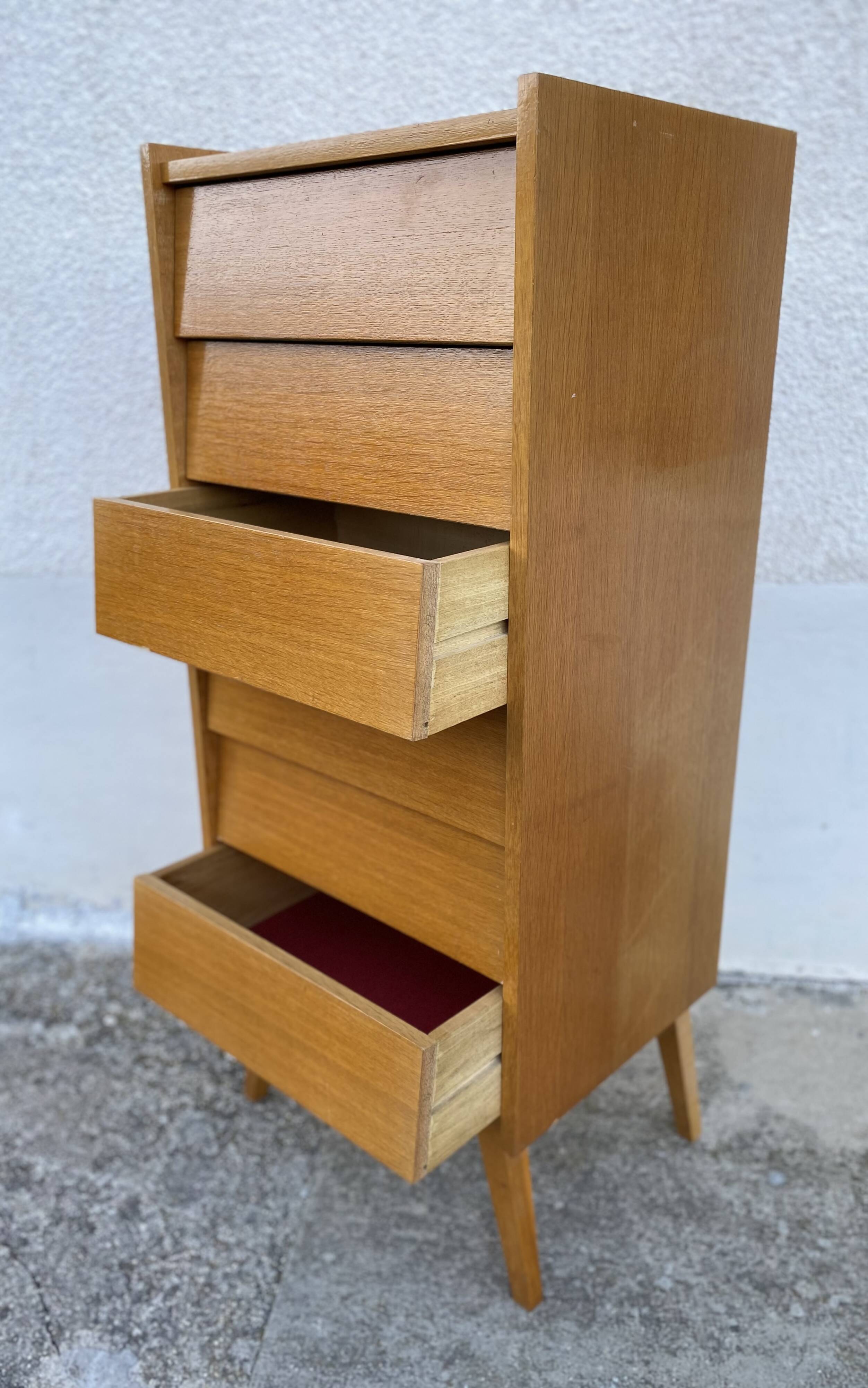 Vintage 1960s chest of drawers with compass legs and 6 slanted drawers