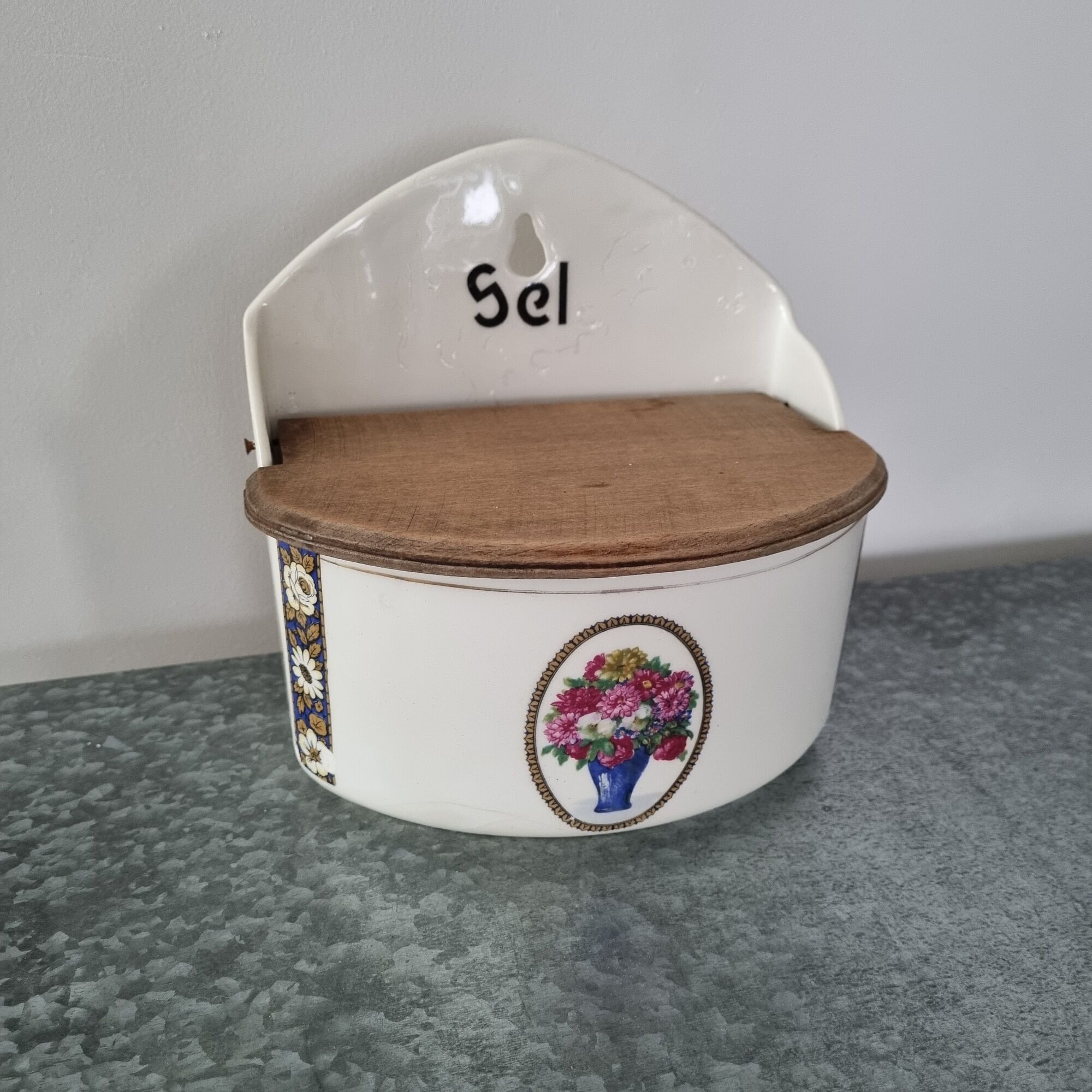 Old porcelain salt box at the beginning of the twentieth century