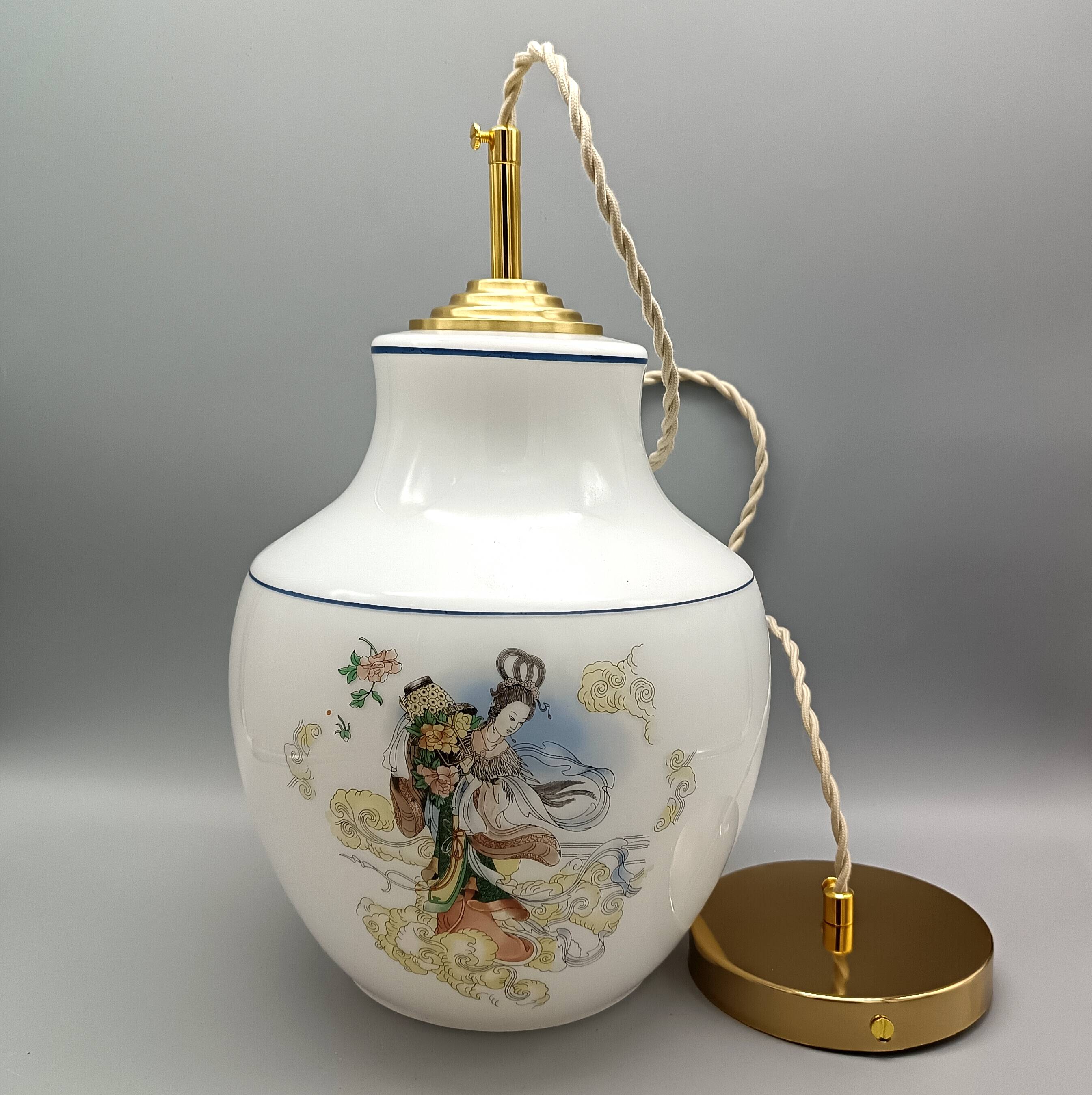 Vintage opaline glass pendant, multicoloured geisha patterns 1960, Anouck
