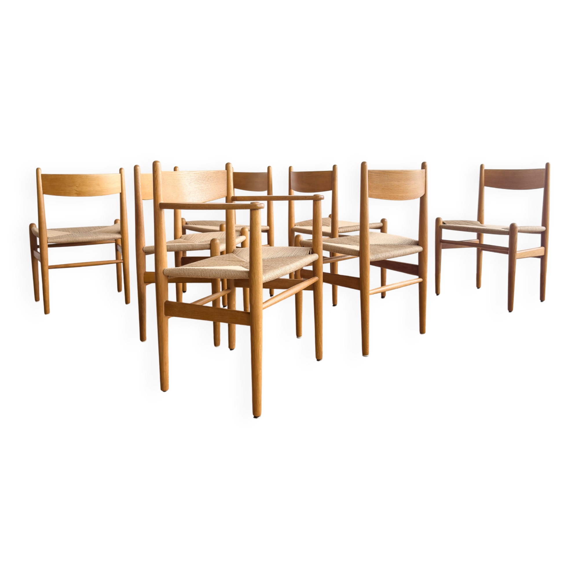 Ensemble de 6 chaises CH36 + 1 fauteuil CH37 de Hans J. Wegner en chêne
