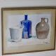 Peinture à l'huile sur panneau « Vie sur un rebord de fenêtre avec une bouteille bleue » par Rolf Bergström, Suède années 1960