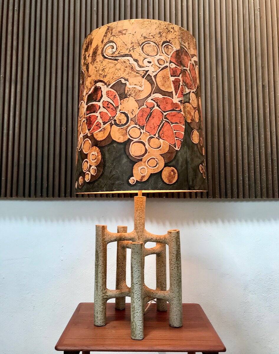 Large sculptural ceramic table lamp with textile batik lampshade, 1960s