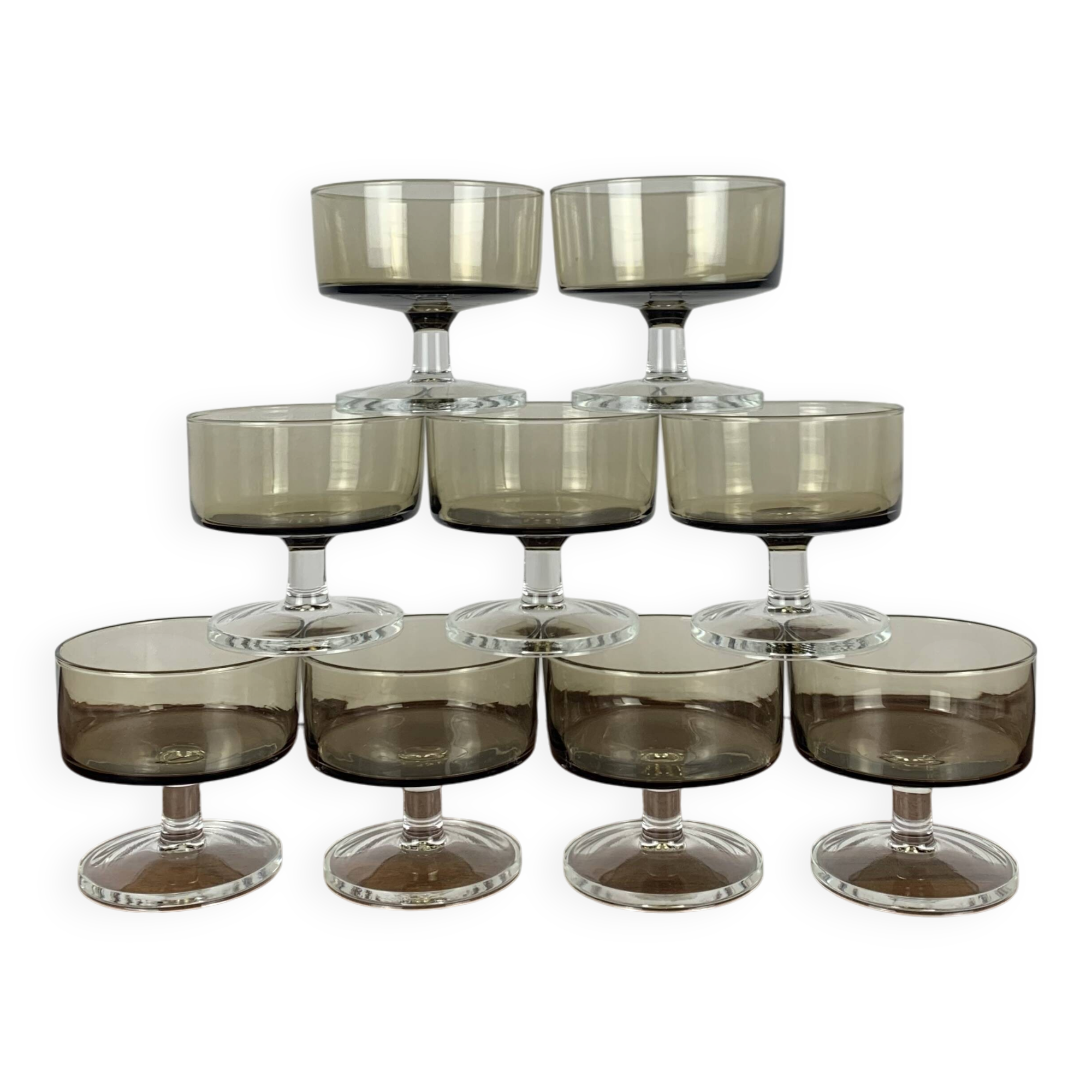 Set of 9 smoked glass champagne glasses, 1970