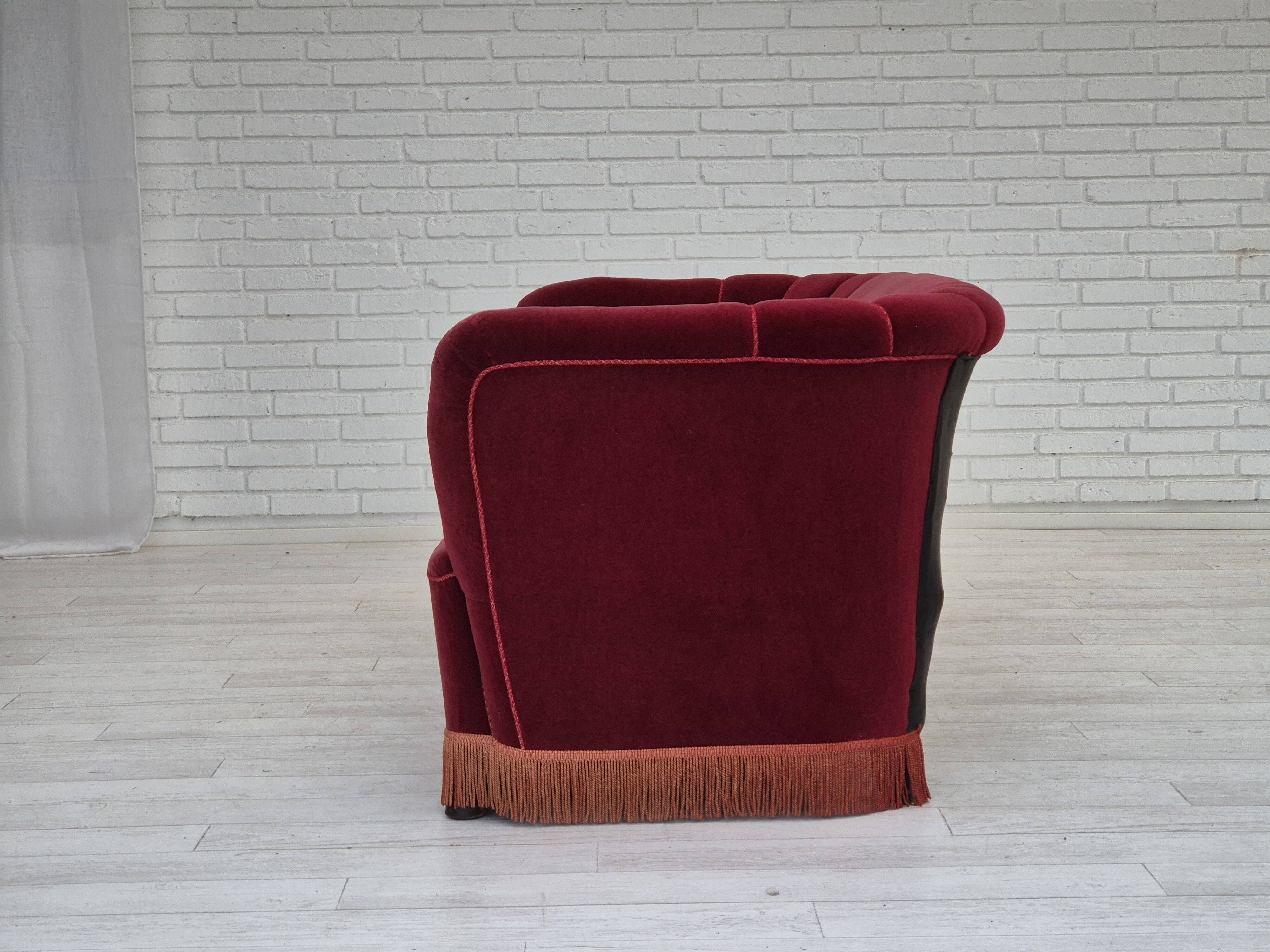 1960s, Danish 3 seater sofa, original condition, cherry-red furniture velour.