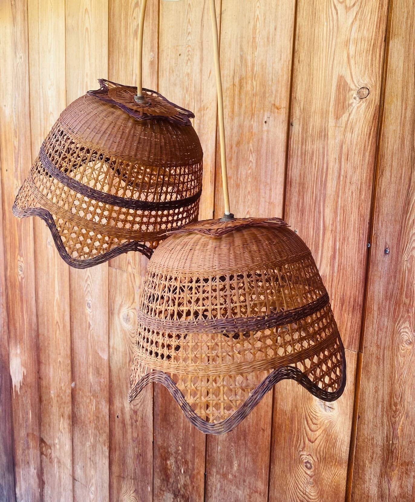 Vintage rattan suspension duo.
