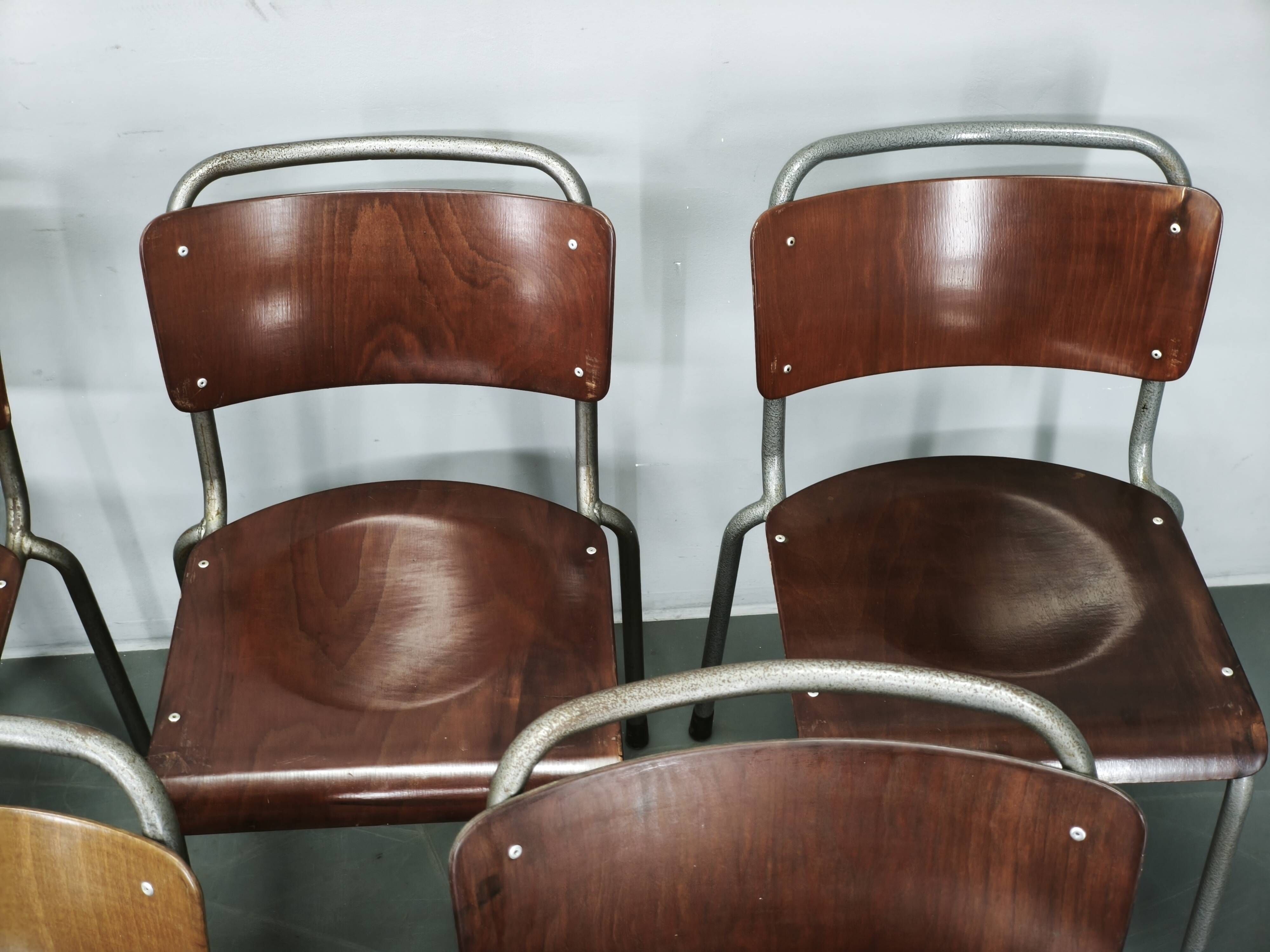 Set of 6 Gispen 106 Dutch Industrial Plywood Chairs, 1960s