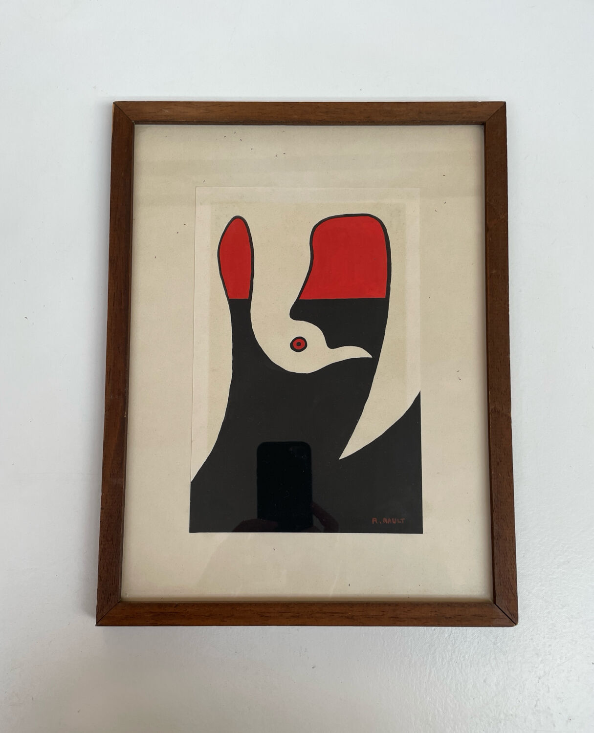 Abstract composition - gouache, signed R. Rault, vintage wooden frame