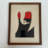 Abstract composition - gouache, signed R. Rault, vintage wooden frame