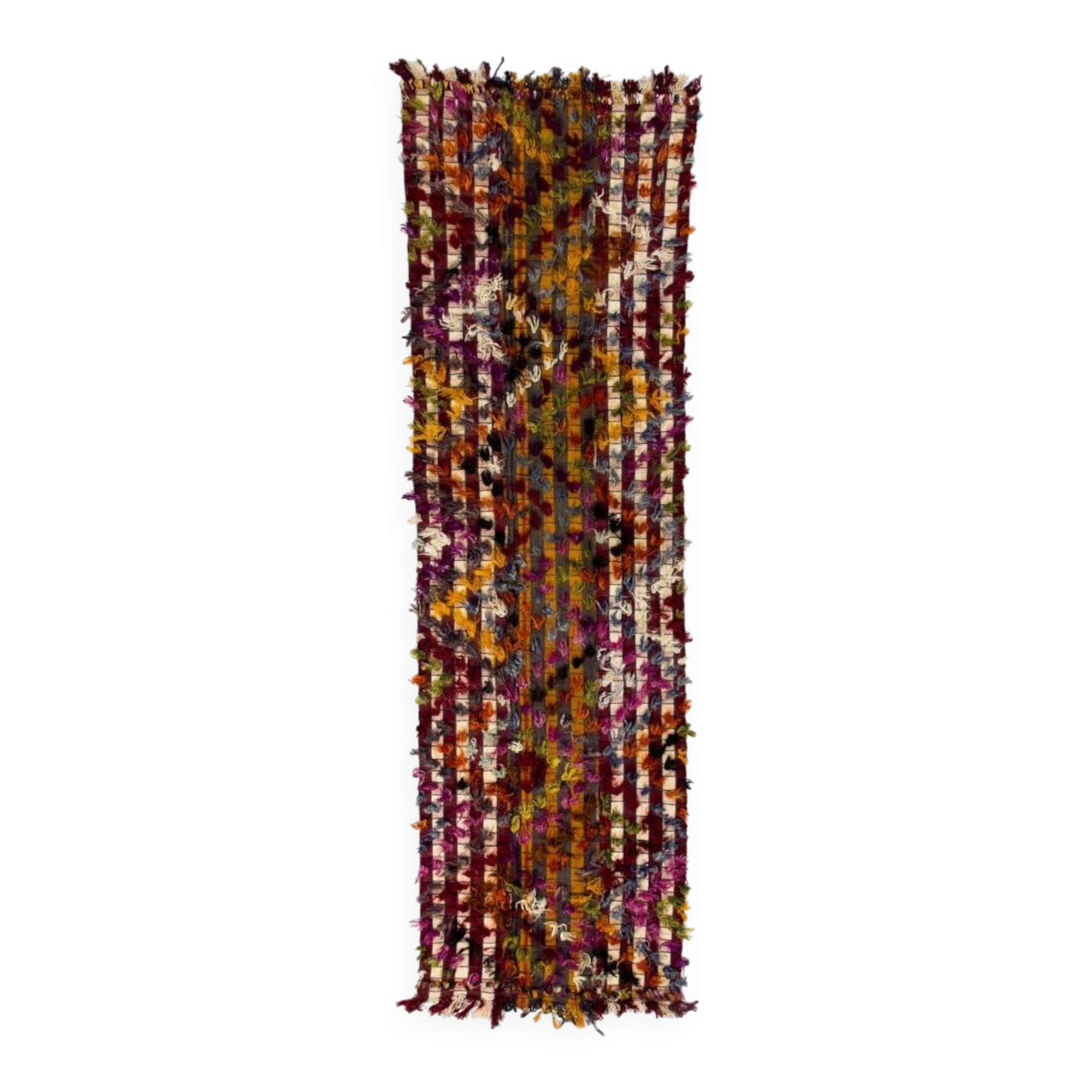 Vintage Handwoven Turkish Kilim Runner Rug with Colorful Pom Poms