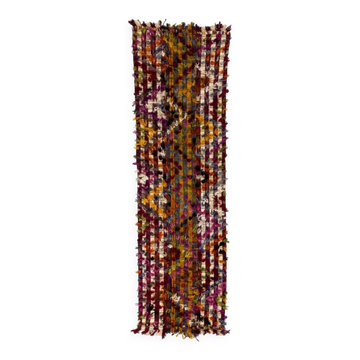 Tapis couloir turc vintage tissé à la main avec des pompons colorés