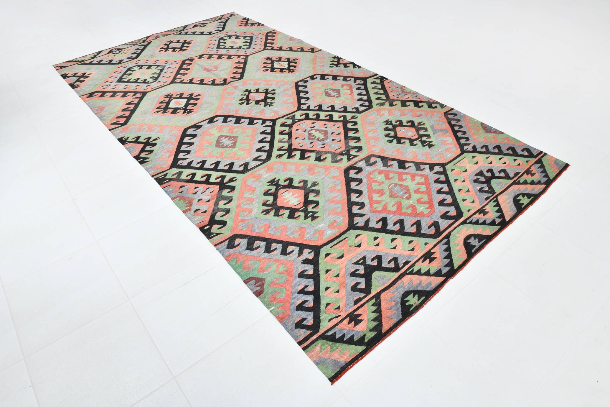 Tapis Kilim Vintage Pastel Fait Main, Motifs Géométriques Turcs, 175x336 Cm