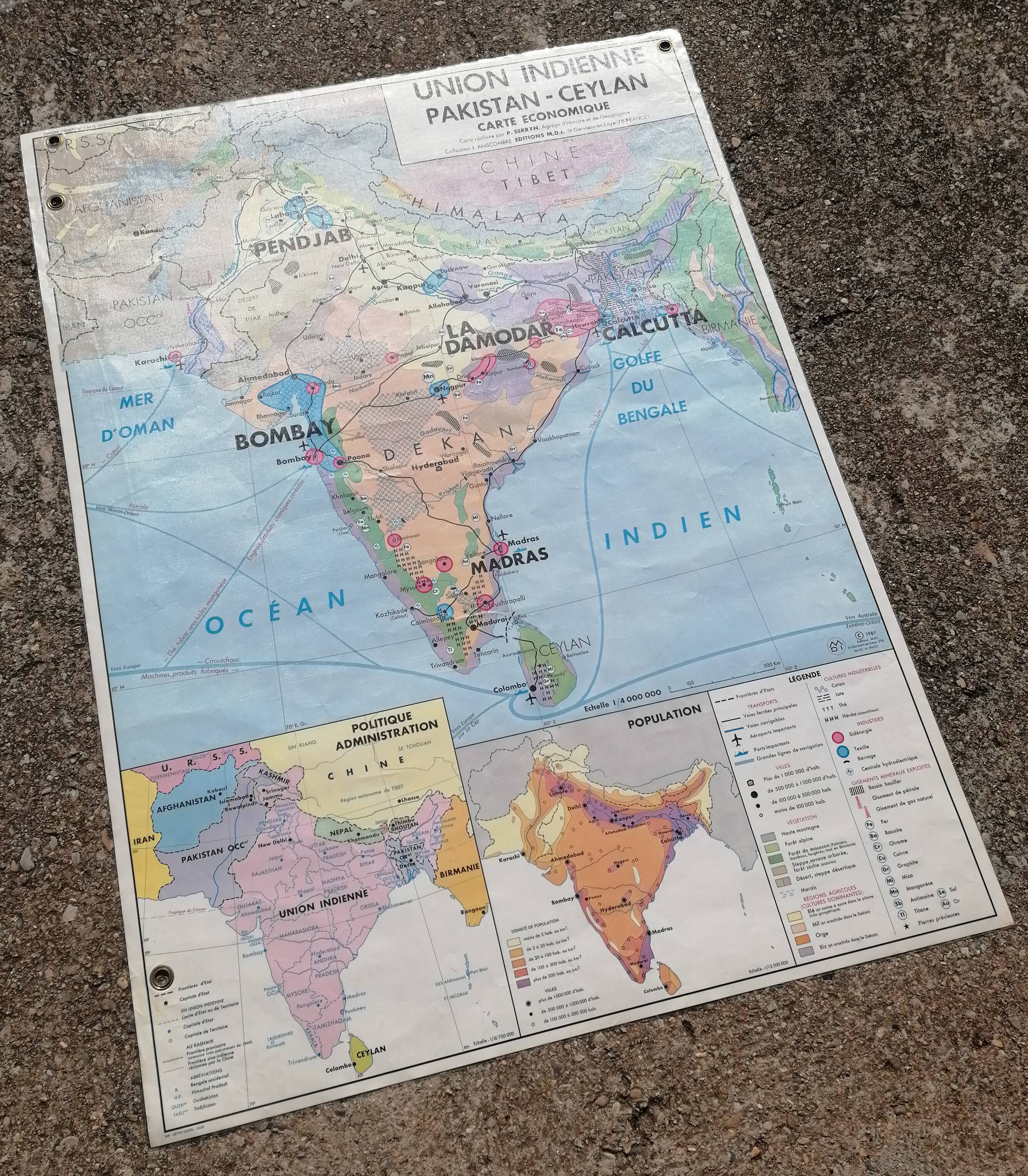 Old school map MDI Indian Union Pakistan Ceylon / Japan Korea