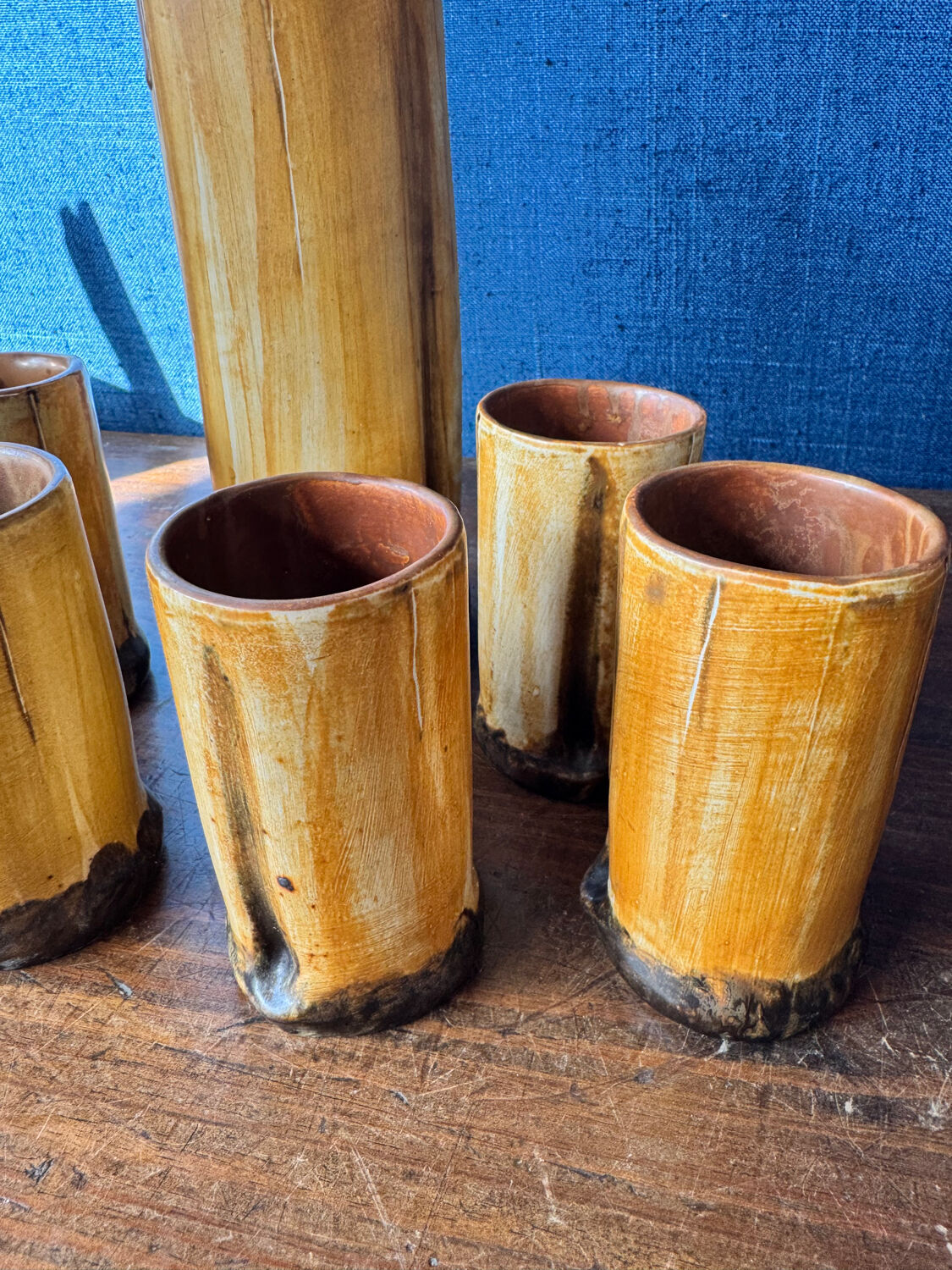 Vintage 1970s ceramic pitcher and glass set for orangeade, faux bamboo.