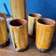Vintage 1970s ceramic pitcher and glass set for orangeade, faux bamboo.
