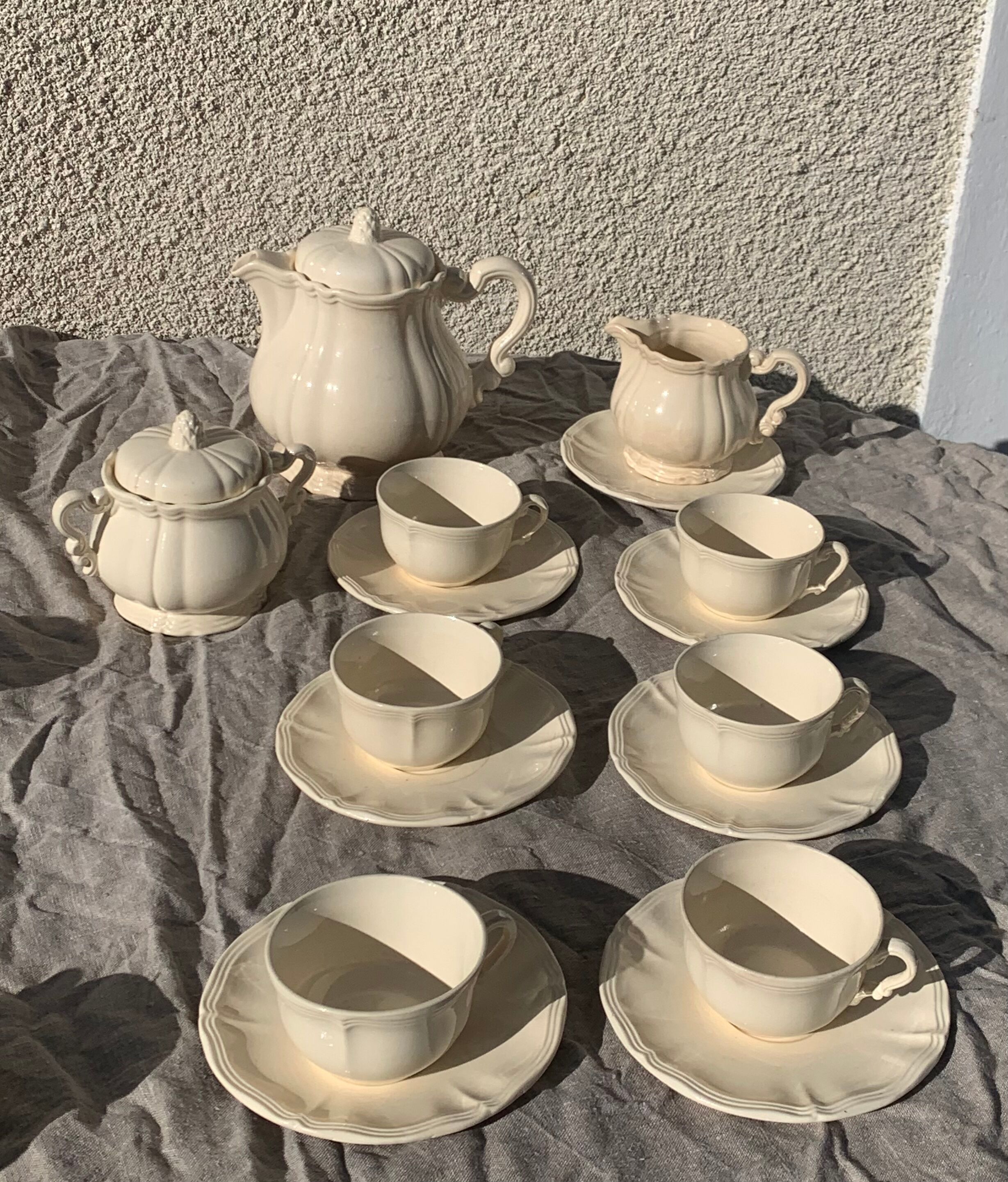 Digoin sarreguemines earthenware tea set consisting of 15 pieces antique cream