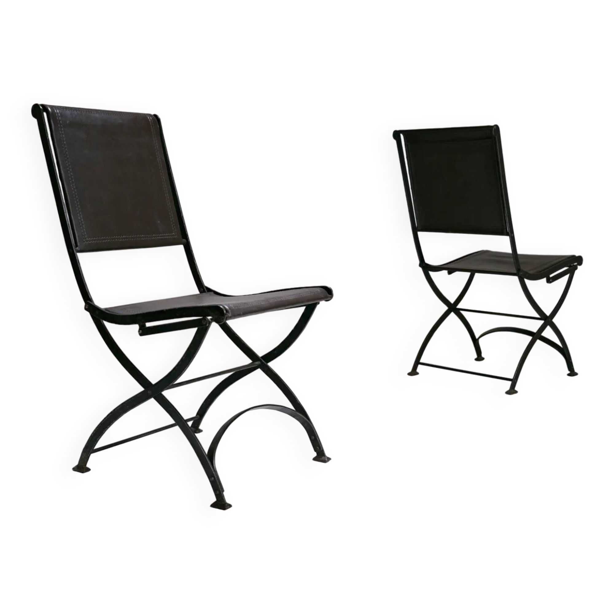 Foldable chair in wrought iron and leather. c. 1950