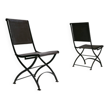 Foldable chair in wrought iron and leather. c. 1950