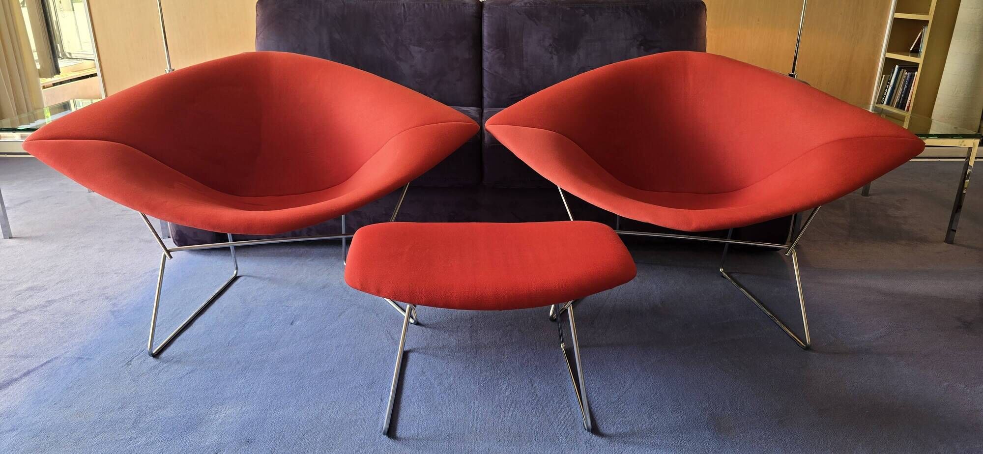 2 Bertoïa Diamond Armchairs + 1 Pouf, Cavalier Cardinal Fabric, Year 1995