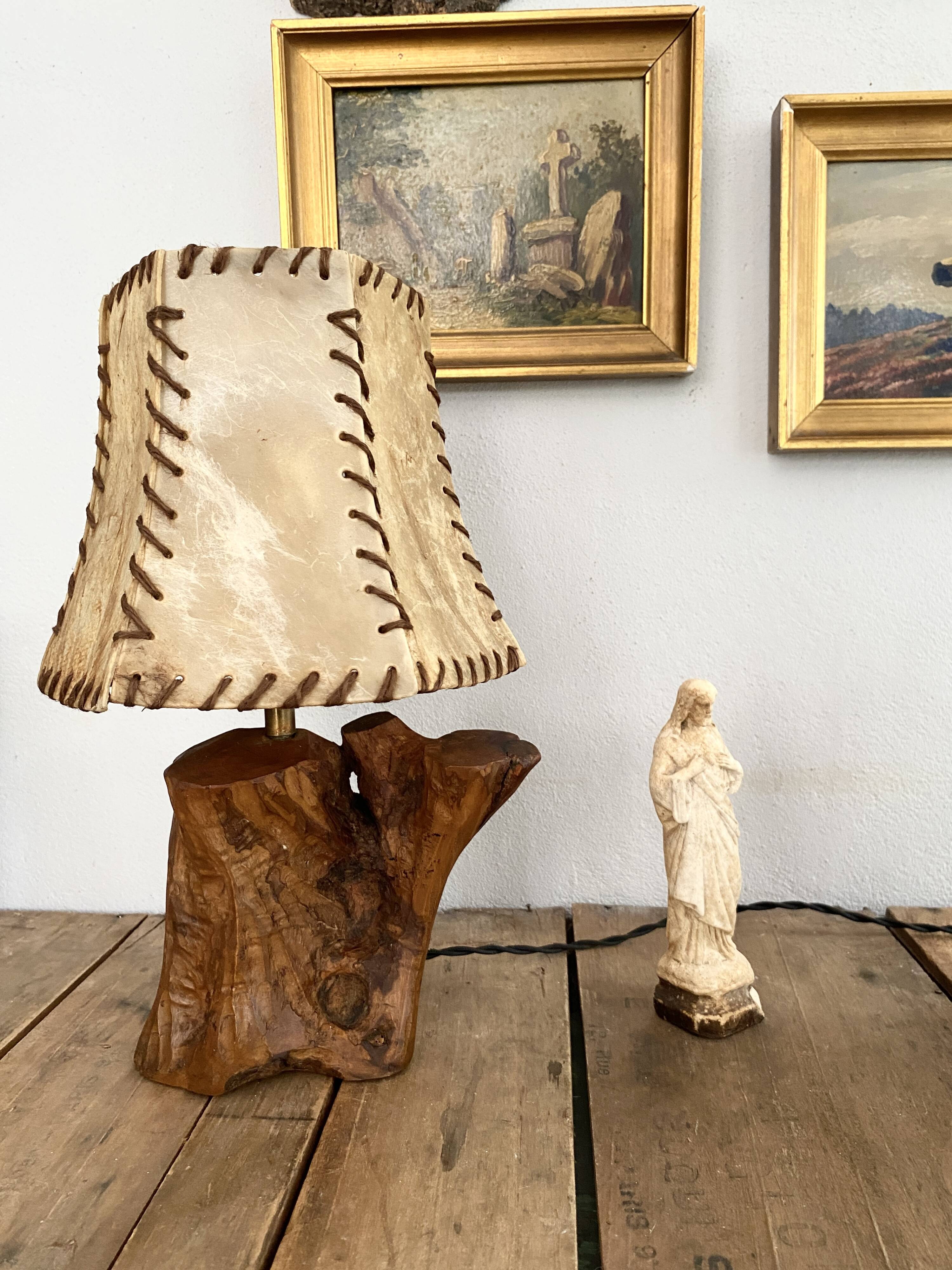 Wooden lamp, new fabric cable, cardboard lampshade
