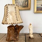 Wooden lamp, new fabric cable, cardboard lampshade