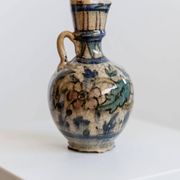Antique 18th-century ceramic vase, hand-painted, Near Eastern design with floral motif and handle, small decorative art piece, gift idea.