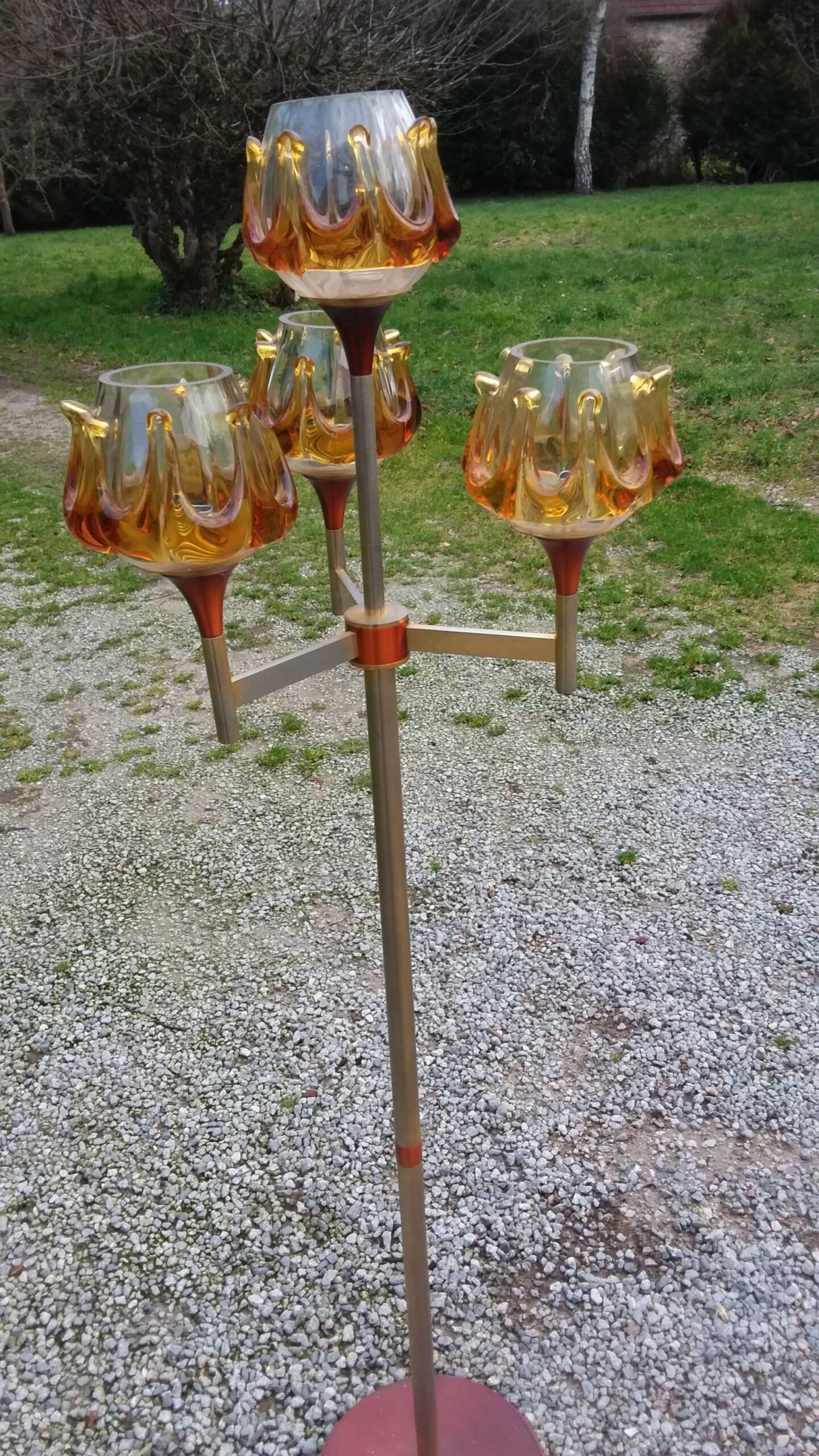 1970s design floor lamp in gold and orange chrome metal with 4 glass tulips
