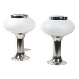 Pair of vintage futuristic style table lamps in chrome and opal glass.