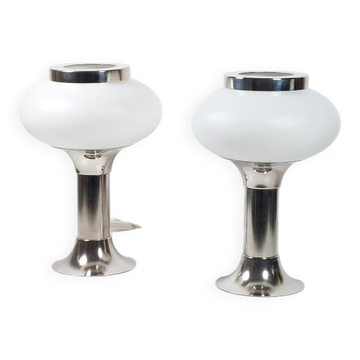 Pair of vintage futuristic style table lamps in chrome and opal glass.