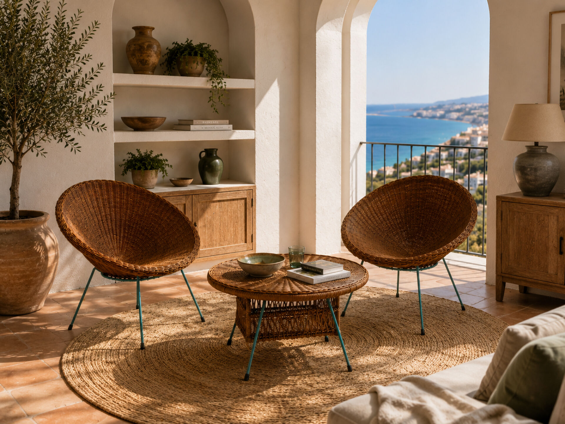 Ensemble vintage en rotin – 2 fauteuils & table basse – Années 60